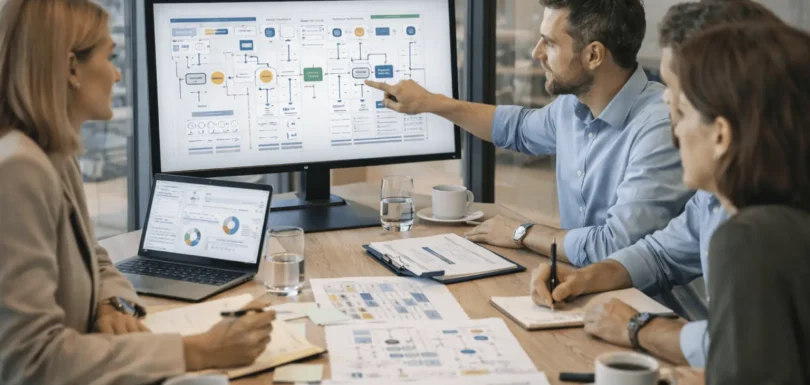 Touchpoint: Czym są punkty styku i jak je optymalizować? 3 Zespół pracowników omawia rozbudowany schemat procesów na dużym monitorze podczas spotkania w biurze: Touchpoints - punkty styku marki.