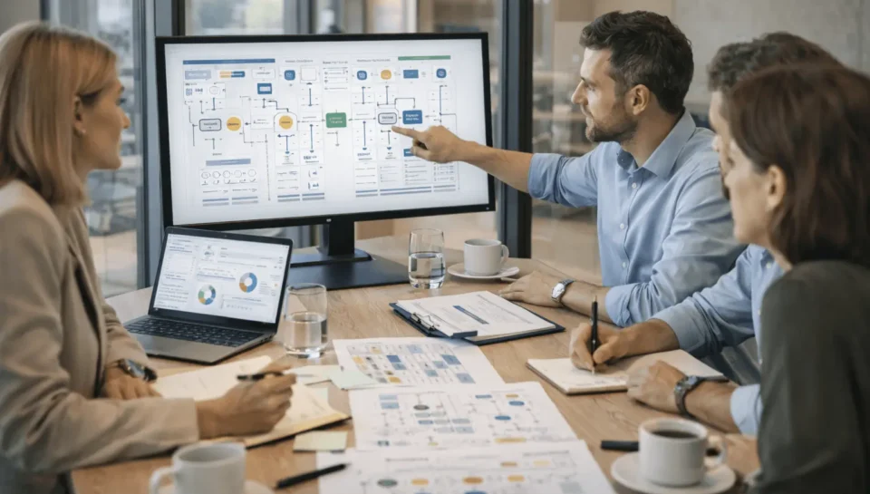 Zespół pracowników omawia rozbudowany schemat procesów na dużym monitorze podczas spotkania w biurze: Touchpoints - punkty styku marki.