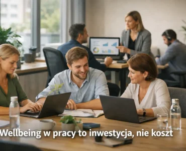 Uśmiechnięci pracownicy w nowoczesnym biurze oraz napis: Wellbeing w pracy to inwestycja, nie koszt