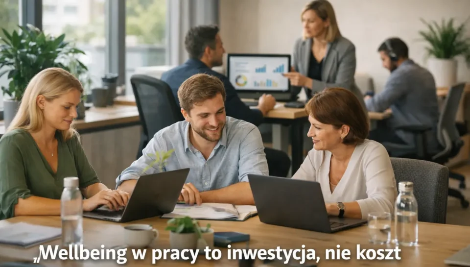 Uśmiechnięci pracownicy w nowoczesnym biurze oraz napis: Wellbeing w pracy to inwestycja, nie koszt