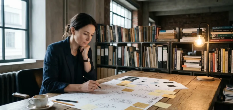 Czym są archetypy marki i dlaczego Twoja firma ich potrzebuje? 1 Strateg marki analizuje mapę archetypów marki rozłożoną na drewnianym biurku — szkice, karteczki i notatki.