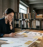 Strateg marki analizuje mapę archetypów marki rozłożoną na drewnianym biurku — szkice, karteczki i notatki.