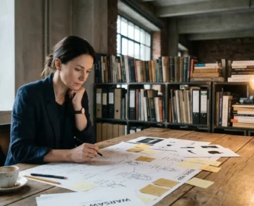 Strateg marki analizuje mapę archetypów marki rozłożoną na drewnianym biurku — szkice, karteczki i notatki.