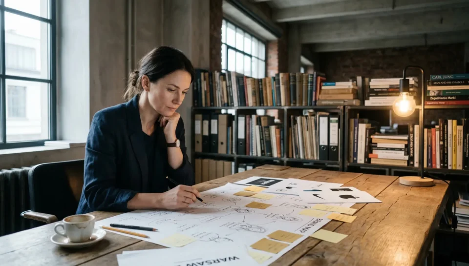 Strateg marki analizuje mapę archetypów marki rozłożoną na drewnianym biurku — szkice, karteczki i notatki.