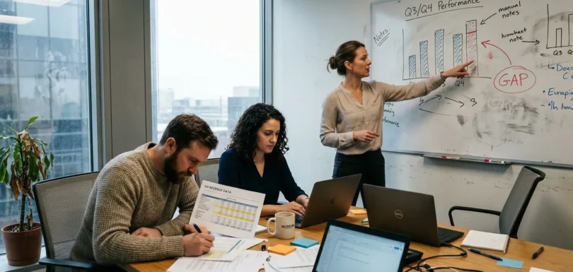 Benchmarking: co to jest, rodzaje i jak przeprowadzić analizę porównawczą konkurencji 3 Zespół przeprowadzający analizę benchmarkingową — kobieta wskazuje na tablicę z wykresami porównawczymi i zaznaczoną luką wydajnościową (gap analysis), podczas gdy współpracownicy analizują dane przy stole konferencyjnym