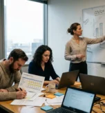 Zespół przeprowadzający analizę benchmarkingową — kobieta wskazuje na tablicę z wykresami porównawczymi i zaznaczoną luką wydajnościową (gap analysis), podczas gdy współpracownicy analizują dane przy stole konferencyjnym