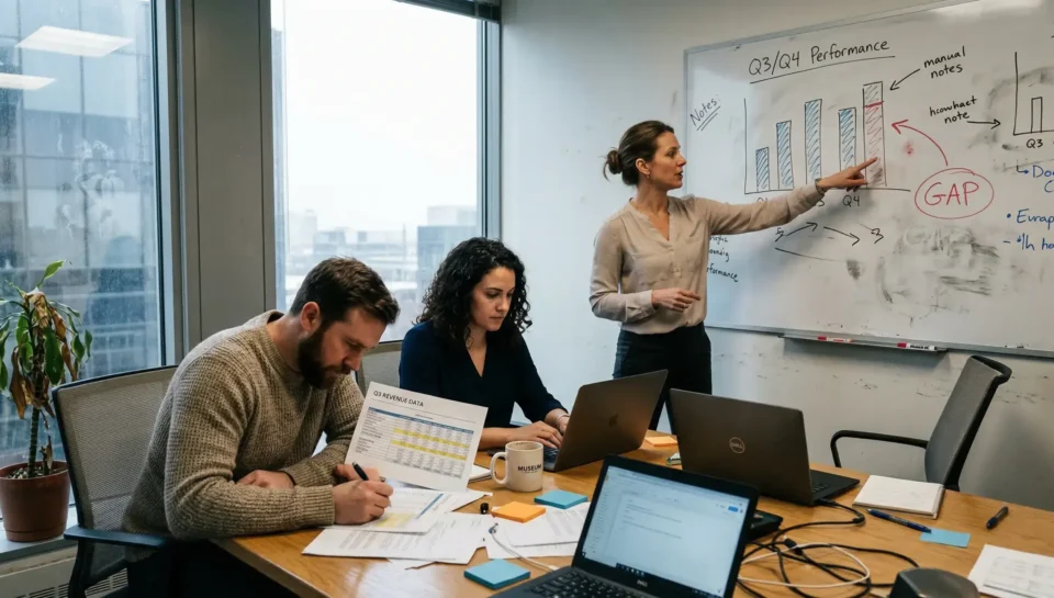 Zespół przeprowadzający analizę benchmarkingową — kobieta wskazuje na tablicę z wykresami porównawczymi i zaznaczoną luką wydajnościową (gap analysis), podczas gdy współpracownicy analizują dane przy stole konferencyjnym