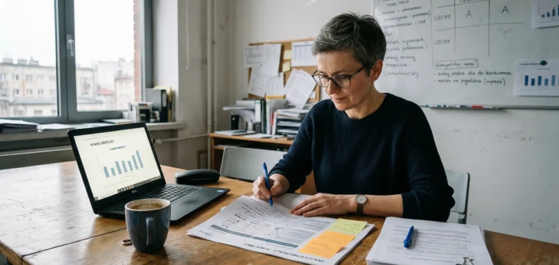 Przewaga konkurencyjna: jak ją zidentyfikować i budować na podstawie badań rynku 2 Analityczka agencji badawczej analizuje raport konkurencji i nanosi odręczne notatki — na biurku widoczny laptop z wykresem sprzedaży, dokumenty z Post-it i kubek kawy, w tle tablica z macierzą konkurencji