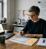 Analityczka agencji badawczej analizuje raport konkurencji i nanosi odręczne notatki — na biurku widoczny laptop z wykresem sprzedaży, dokumenty z Post-it i kubek kawy, w tle tablica z macierzą konkurencji