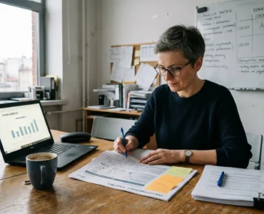 Analityczka agencji badawczej analizuje raport konkurencji i nanosi odręczne notatki — na biurku widoczny laptop z wykresem sprzedaży, dokumenty z Post-it i kubek kawy, w tle tablica z macierzą konkurencji