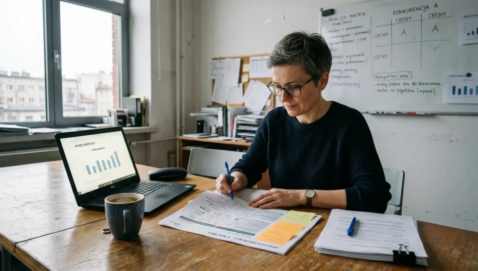 Analityczka agencji badawczej analizuje raport konkurencji i nanosi odręczne notatki — na biurku widoczny laptop z wykresem sprzedaży, dokumenty z Post-it i kubek kawy, w tle tablica z macierzą konkurencji