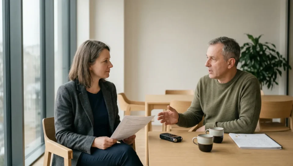 Badanie opinii metodą IDI – badaczka przeprowadza indywidualny wywiad pogłębiony z respondentem przy stole w nowoczesnej agencji badawczej