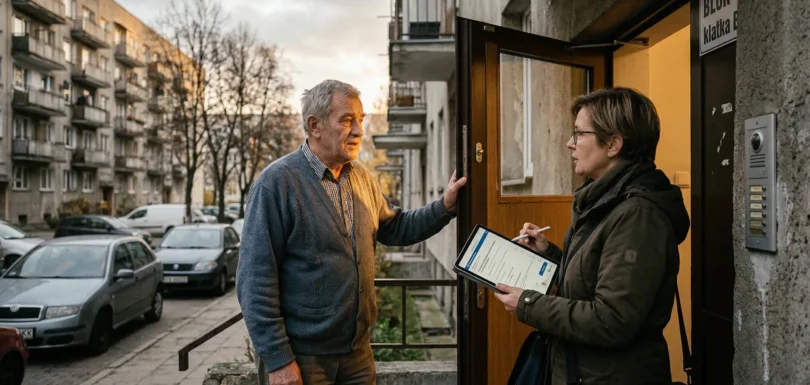 Badania sondażowe a badania opinii publicznej: różnice, metody i zastosowanie 4 Ankieterka przeprowadza badanie sondażowe CAPI z respondentem w drzwiach bloku mieszkalnego