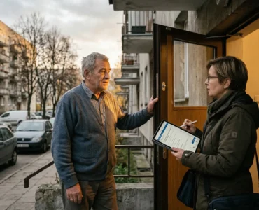 Ankieterka przeprowadza badanie sondażowe CAPI z respondentem w drzwiach bloku mieszkalnego