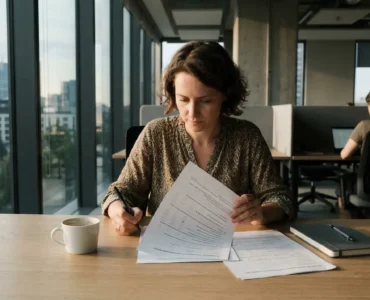 pecjalistka HR analizuje wydrukowany kwestionariusz ankiety przy biurku w nowoczesnym biurze