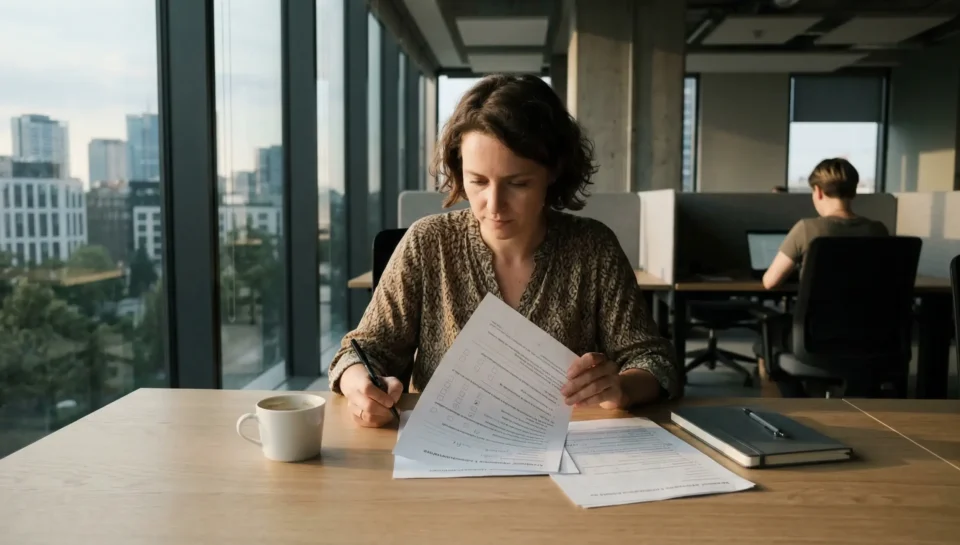 pecjalistka HR analizuje wydrukowany kwestionariusz ankiety przy biurku w nowoczesnym biurze