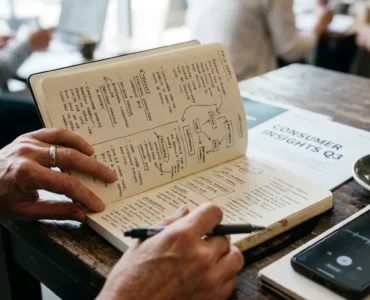 Badacz rynku z notatnikiem pełnym odręcznych notatek terenowych i schematów zachowań konsumentów, obok raportu Consumer Insights i nagrywającego smartfona — dokumentacja z badania etnograficznego w naturalnym środowisku.