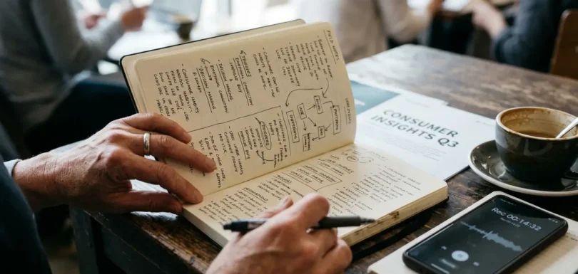 Badacz rynku z notatnikiem pełnym odręcznych notatek terenowych i schematów zachowań konsumentów, obok raportu Consumer Insights i nagrywającego smartfona — dokumentacja z badania etnograficznego w naturalnym środowisku.
