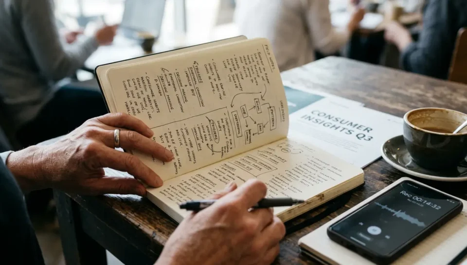 Badacz rynku z notatnikiem pełnym odręcznych notatek terenowych i schematów zachowań konsumentów, obok raportu Consumer Insights i nagrywającego smartfona — dokumentacja z badania etnograficznego w naturalnym środowisku.