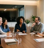 Grupa fokusowa w trakcie sesji badawczej — siedem osób w różnym wieku i o różnym pochodzeniu siedzi przy owalnym stole konferencyjnym, prowadząc moderowaną dyskusję. Kobieta w centrum gestykuluje podczas wypowiedzi, pozostali uczestnicy słuchają z uwagą.