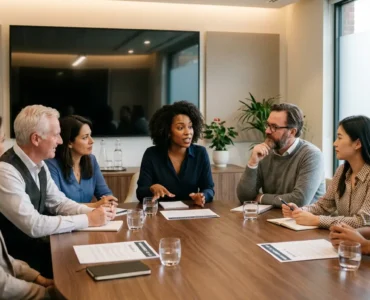 Grupa fokusowa w trakcie sesji badawczej — siedem osób w różnym wieku i o różnym pochodzeniu siedzi przy owalnym stole konferencyjnym, prowadząc moderowaną dyskusję. Kobieta w centrum gestykuluje podczas wypowiedzi, pozostali uczestnicy słuchają z uwagą.