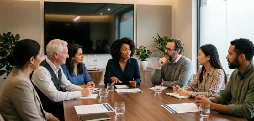 Grupa fokusowa w trakcie sesji badawczej — siedem osób w różnym wieku i o różnym pochodzeniu siedzi przy owalnym stole konferencyjnym, prowadząc moderowaną dyskusję. Kobieta w centrum gestykuluje podczas wypowiedzi, pozostali uczestnicy słuchają z uwagą.