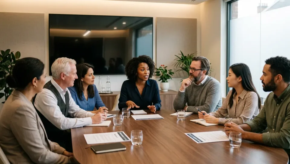 Grupa fokusowa w trakcie sesji badawczej — siedem osób w różnym wieku i o różnym pochodzeniu siedzi przy owalnym stole konferencyjnym, prowadząc moderowaną dyskusję. Kobieta w centrum gestykuluje podczas wypowiedzi, pozostali uczestnicy słuchają z uwagą.