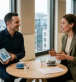 Konsultant biznesowy prezentuje klientce wyniki badania satysfakcji na tablecie podczas spotkania w nowoczesnym biurze z widokiem na miasto