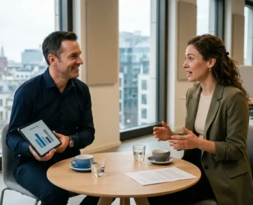 Konsultant biznesowy prezentuje klientce wyniki badania satysfakcji na tablecie podczas spotkania w nowoczesnym biurze z widokiem na miasto