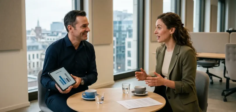 Konsultant biznesowy prezentuje klientce wyniki badania satysfakcji na tablecie podczas spotkania w nowoczesnym biurze z widokiem na miasto