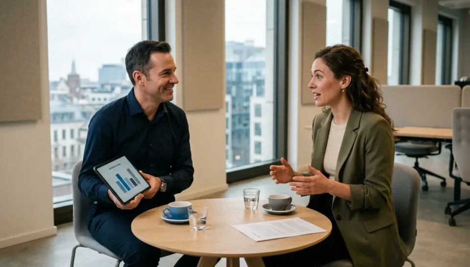 Konsultant biznesowy prezentuje klientce wyniki badania satysfakcji na tablecie podczas spotkania w nowoczesnym biurze z widokiem na miasto