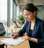 Analityczka badań marketingowych analizuje wyniki badań przy biurku w nowoczesnym biurze w Warszawie — laptop z wykresami, dokumenty, widok na Pałac Kultury i Nauki