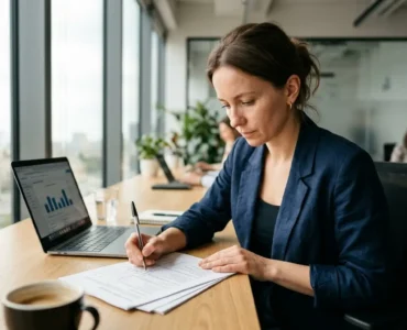 Analityczka badań marketingowych analizuje wyniki badań przy biurku w nowoczesnym biurze w Warszawie — laptop z wykresami, dokumenty, widok na Pałac Kultury i Nauki