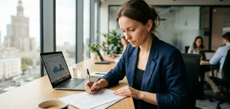 Analityczka badań marketingowych analizuje wyniki badań przy biurku w nowoczesnym biurze w Warszawie — laptop z wykresami, dokumenty, widok na Pałac Kultury i Nauki