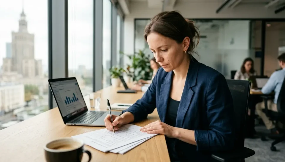 Analityczka badań marketingowych analizuje wyniki badań przy biurku w nowoczesnym biurze w Warszawie — laptop z wykresami, dokumenty, widok na Pałac Kultury i Nauki