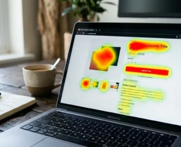 Laptop z wyświetloną mapą cieplną (heatmapą) eye trackingu na stronie e-commerce — czerwone i żółte obszary wskazują miejsca największej uwagi wzrokowej konsumenta