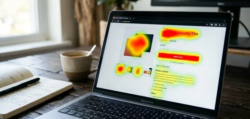 Laptop z wyświetloną mapą cieplną (heatmapą) eye trackingu na stronie e-commerce — czerwone i żółte obszary wskazują miejsca największej uwagi wzrokowej konsumenta