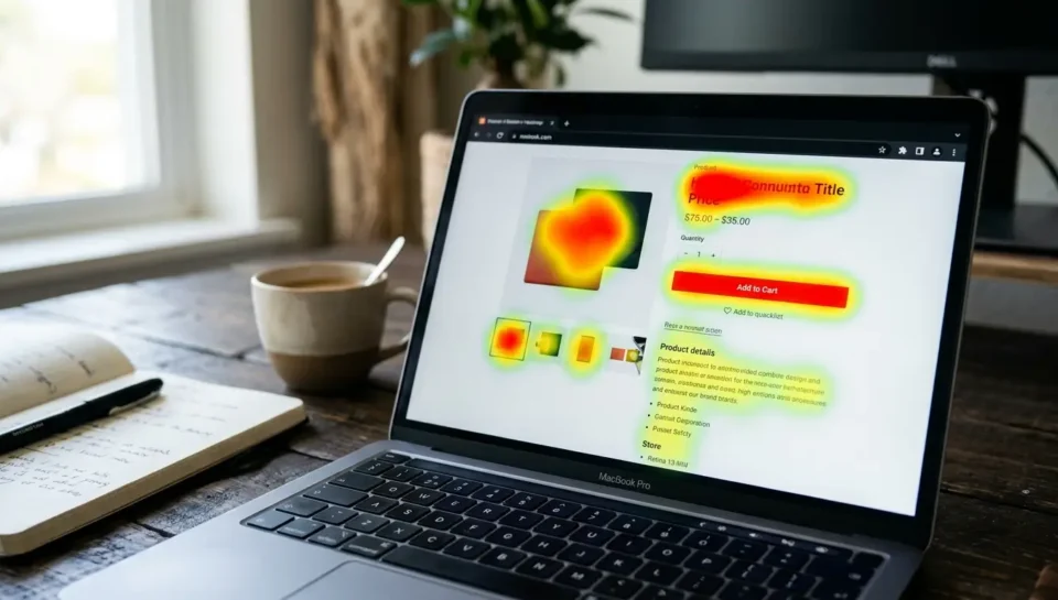 Laptop z wyświetloną mapą cieplną (heatmapą) eye trackingu na stronie e-commerce — czerwone i żółte obszary wskazują miejsca największej uwagi wzrokowej konsumenta