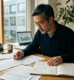 Badacz w średnim wieku analizuje kwestionariusze ankiety i notatki statystyczne przy biurku – skale pomiarowe w badaniach w praktyce