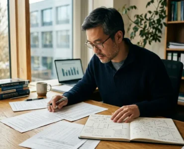 Badacz w średnim wieku analizuje kwestionariusze ankiety i notatki statystyczne przy biurku – skale pomiarowe w badaniach w praktyce