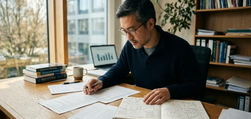Badacz w średnim wieku analizuje kwestionariusze ankiety i notatki statystyczne przy biurku – skale pomiarowe w badaniach w praktyce