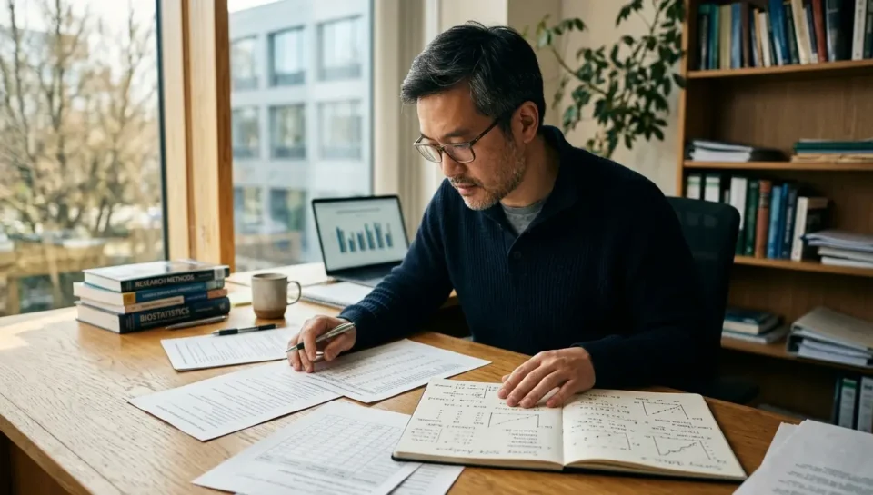 Badacz w średnim wieku analizuje kwestionariusze ankiety i notatki statystyczne przy biurku – skale pomiarowe w badaniach w praktyce