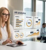 Specjalistka HR analizuje dashboard z badaniami HR - audyt personalny, audyt funkcji HR i diagnoza organizacji w nowoczesnym warszawskim biurze