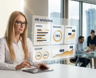 Specjalistka HR analizuje dashboard z badaniami HR - audyt personalny, audyt funkcji HR i diagnoza organizacji w nowoczesnym warszawskim biurze