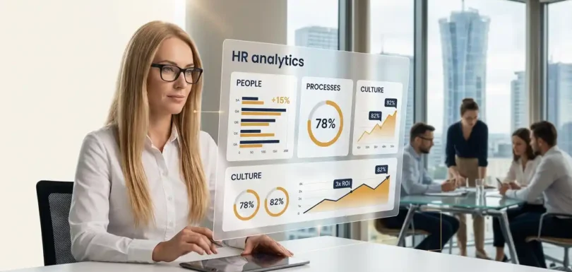 Specjalistka HR analizuje dashboard z badaniami HR - audyt personalny, audyt funkcji HR i diagnoza organizacji w nowoczesnym warszawskim biurze