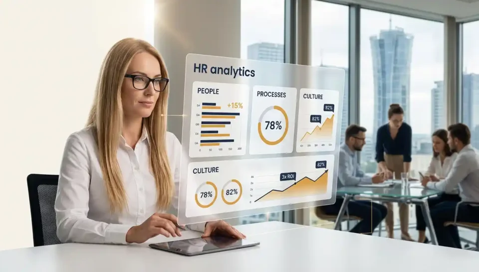 Specjalistka HR analizuje dashboard z badaniami HR - audyt personalny, audyt funkcji HR i diagnoza organizacji w nowoczesnym warszawskim biurze