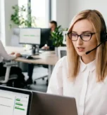 Ankieterka prowadzi badanie metodą CATI w studiu telefonicznym, korzystając z laptopa ze skryptem ankiety