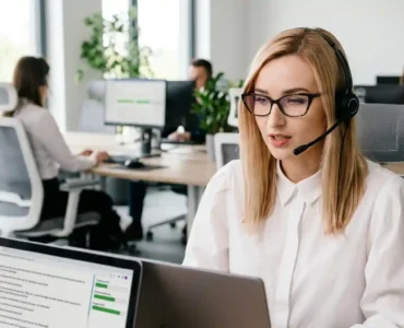 Ankieterka prowadzi badanie metodą CATI w studiu telefonicznym, korzystając z laptopa ze skryptem ankiety