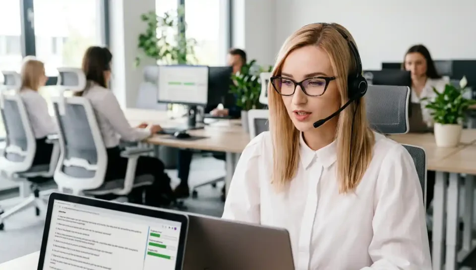 Ankieterka prowadzi badanie metodą CATI w studiu telefonicznym, korzystając z laptopa ze skryptem ankiety