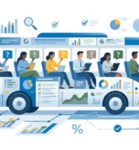 Badanie omnibusowe - ilustracja koncepcyjna autobusu z biznesowymi pasażerami zadającymi pytania w jednej ankiecie.